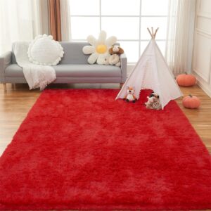 AMTOVO Area Rugs for Living Room, Fluffy Red 5x7 Clearance Bedroom Rug, Large Throw Shag Carpet for Nursery, Kids, Playroom Home Decor