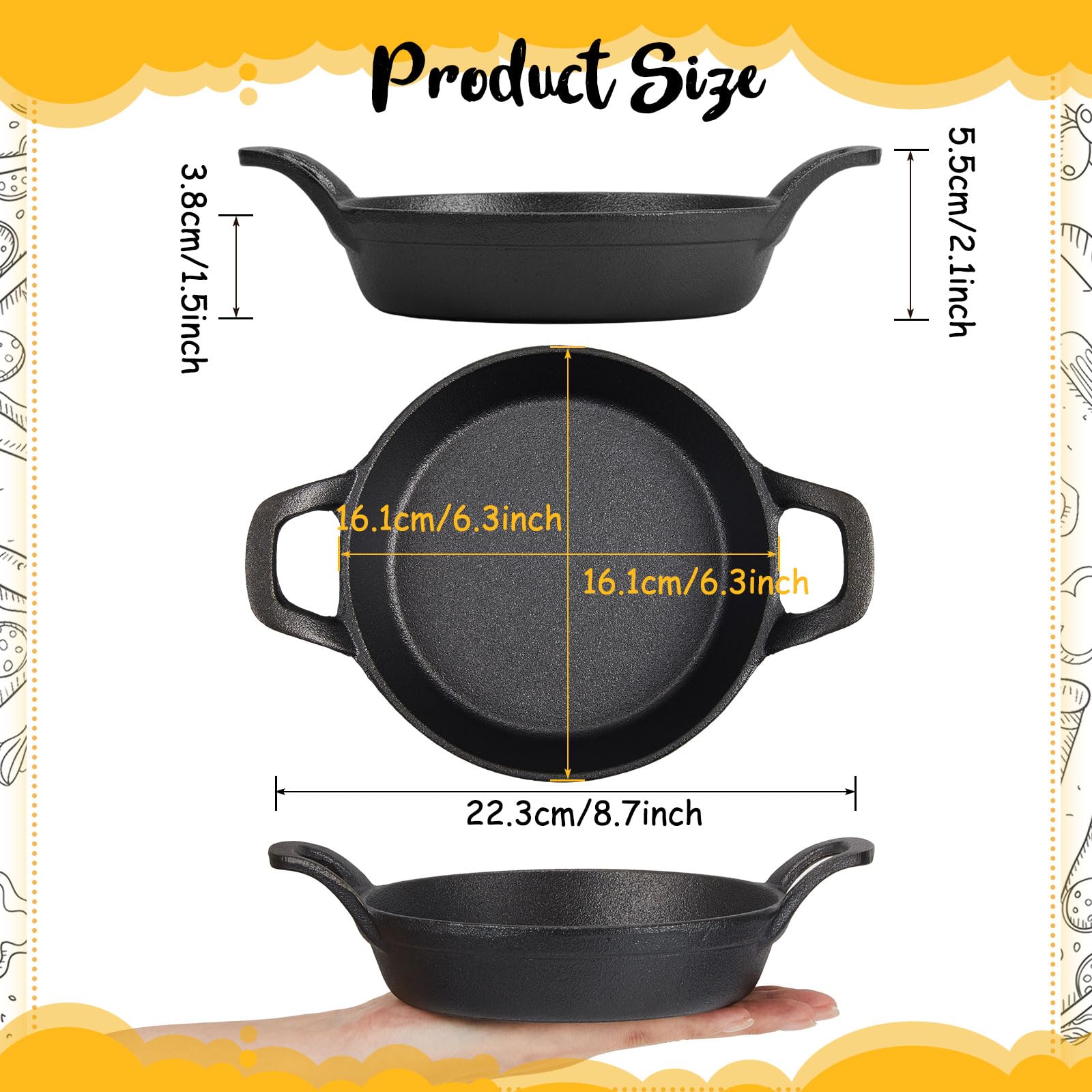 Ziliny Mini Skillets Cast Iron Pan 6.34 x 6.34 x 1.5 Inch Cast Iron Ramekin Set Black Small Casserole Dish Cast Iron Cookware Oven Safe Mini Skillets for Kitchen Indoor Outdoor Picnic(2 Pack)