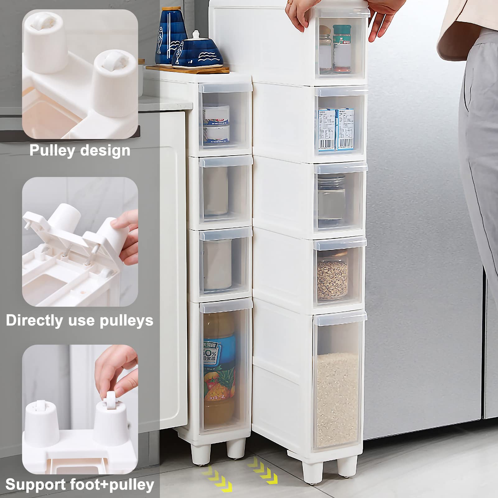 Narrow Tall Floor Cabinet for Bathroom, Vertical Storage Unit with 4 Clear Drawers and Casters, Slim Freestanding Narrow Dresser Tower Storage Drawer Cart, 14cm/22cm Width, Assembly Free