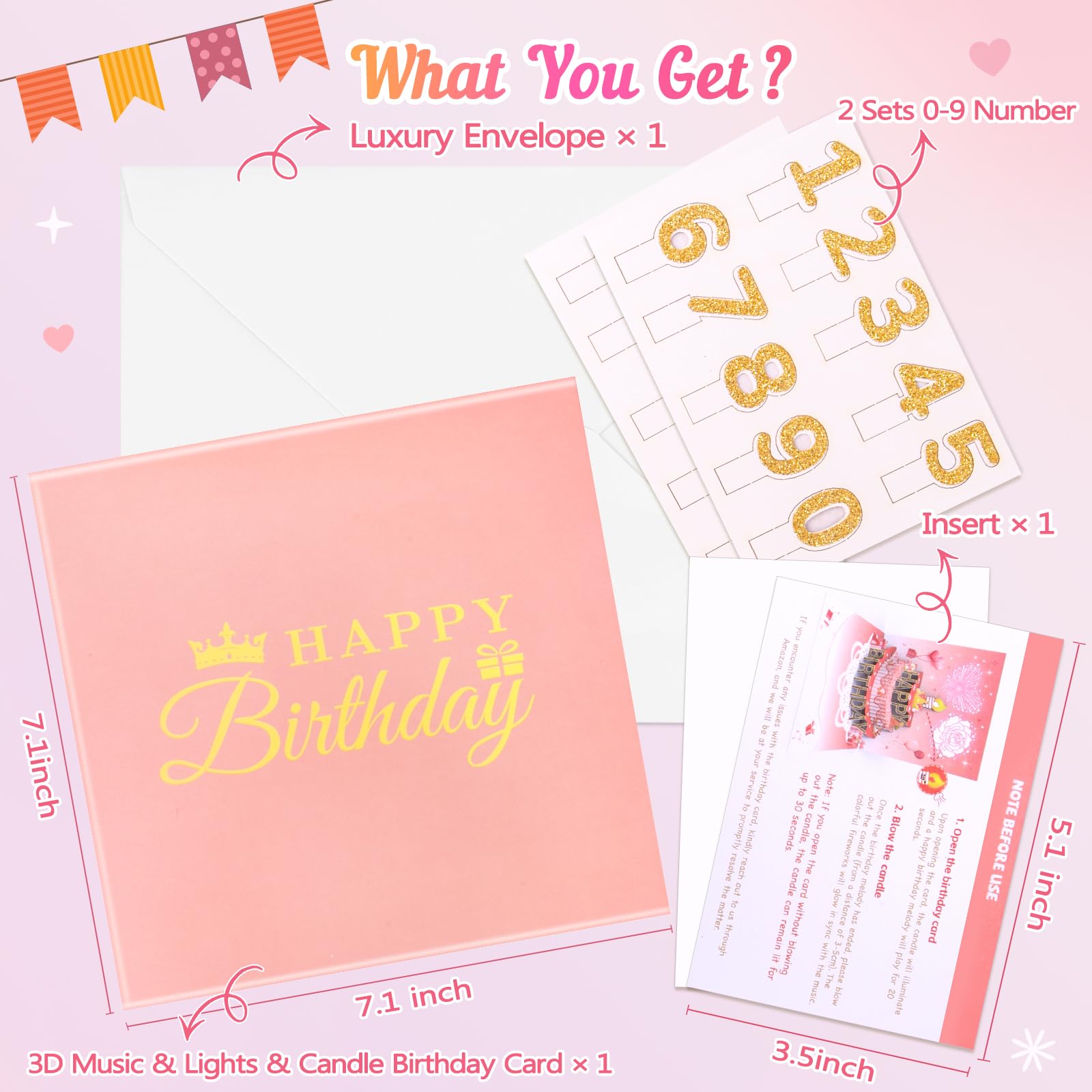 FITMITE Birthday Cards, Musical Pop up Happy Birthday Card with Light and Blowable Candle Birthday Gifts for Women Wife Sister Friends Kids, Birthday Greeting Cards With Envelopes-Rose Gold