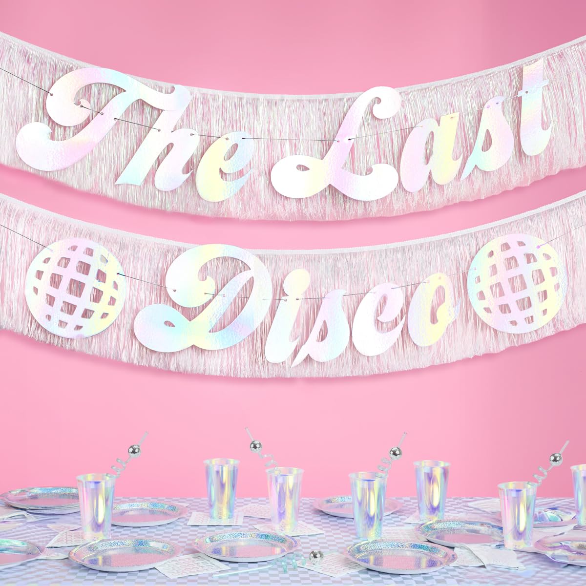 xo, Fetti The Last Disco Fringe Banner - Iridescent, 5 Ft. | Bachelorette Party Decoration, Groovy Bach, Bridesmaid Favor, Bride to Be Gift, 70s Bridal Shower Supplies, Photobooth Backdrop