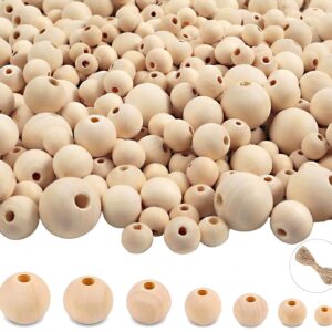 950pcs Wooden Beads for Crafts 7 Sizes Unfinished Natural Wood Beads Wooden Beads Bulk 6mm, 8mm, 10mm, 12mm, 14mm, 16mm, 20mm Beads for Garland Macrame Jewelry Making DIY Farmhouse Decor