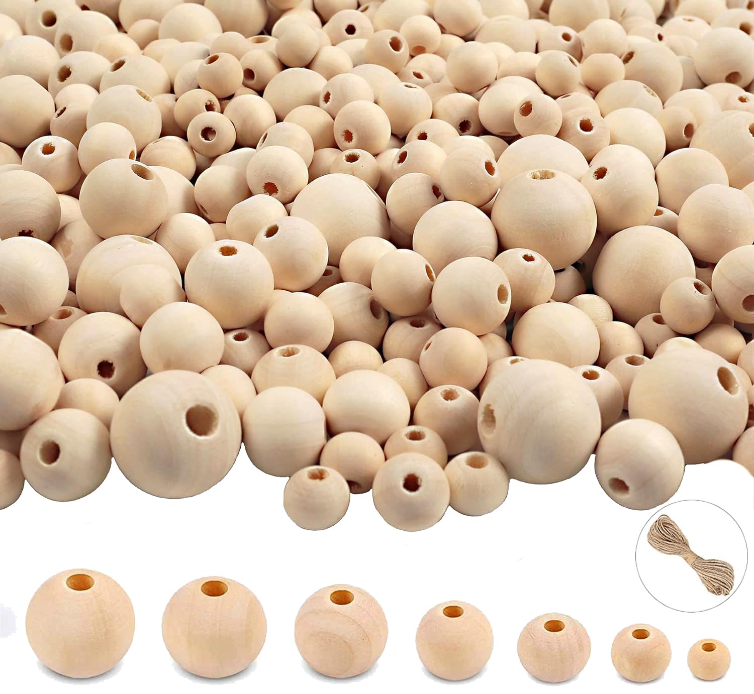 950pcs Wooden Beads for Crafts 7 Sizes Unfinished Natural Wood Beads Wooden Beads Bulk 6mm, 8mm, 10mm, 12mm, 14mm, 16mm, 20mm Beads for Garland Macrame Jewelry Making DIY Farmhouse Decor