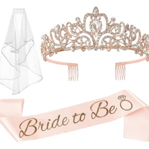 JETKONG 3 Pcs Bachelorette Party Decorations Bridal Shower Crown, Bride to Be Sash&Veil for Women Bachelorette Party Gifts, Bachelorette Party Supplies, Gifts, Favors (Rose Gold)