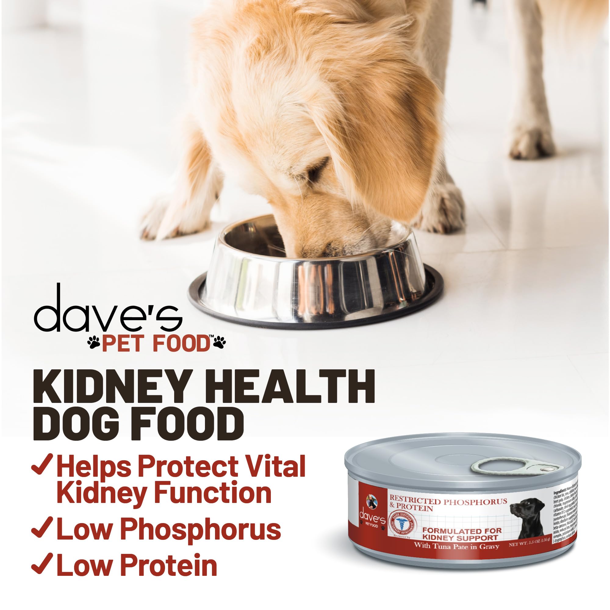 Dave's Pet Food Kidney Support for Dogs with Renal Support (Tuna Pate), Wet Renal Dog Food, Non-Prescription Low Phosphorus, Added Vitamins & Minerals, Vet Formulated (5.5 oz, Pack of 12)