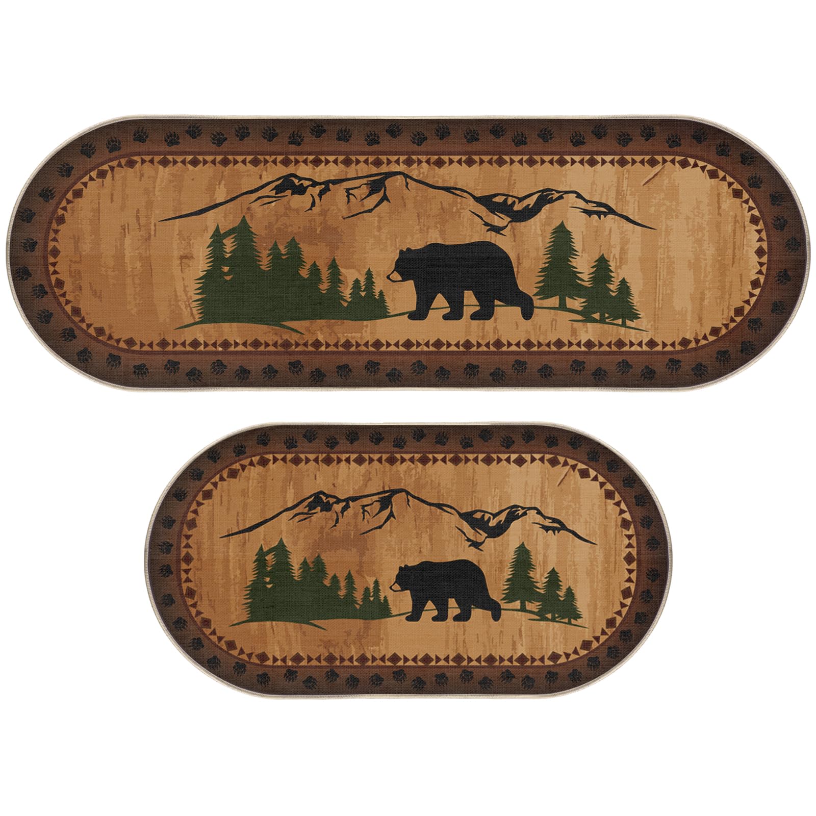 2 Pcs Bear Non Skid Rug Rustic Lodge Theme Area Rug with Bear and Cub Scene Cabin Rug Bear Farmhouse Rug Winter Kitchen Cabin Rug Christmas Bear Decor for Home Bathroom Bedroom Living Room