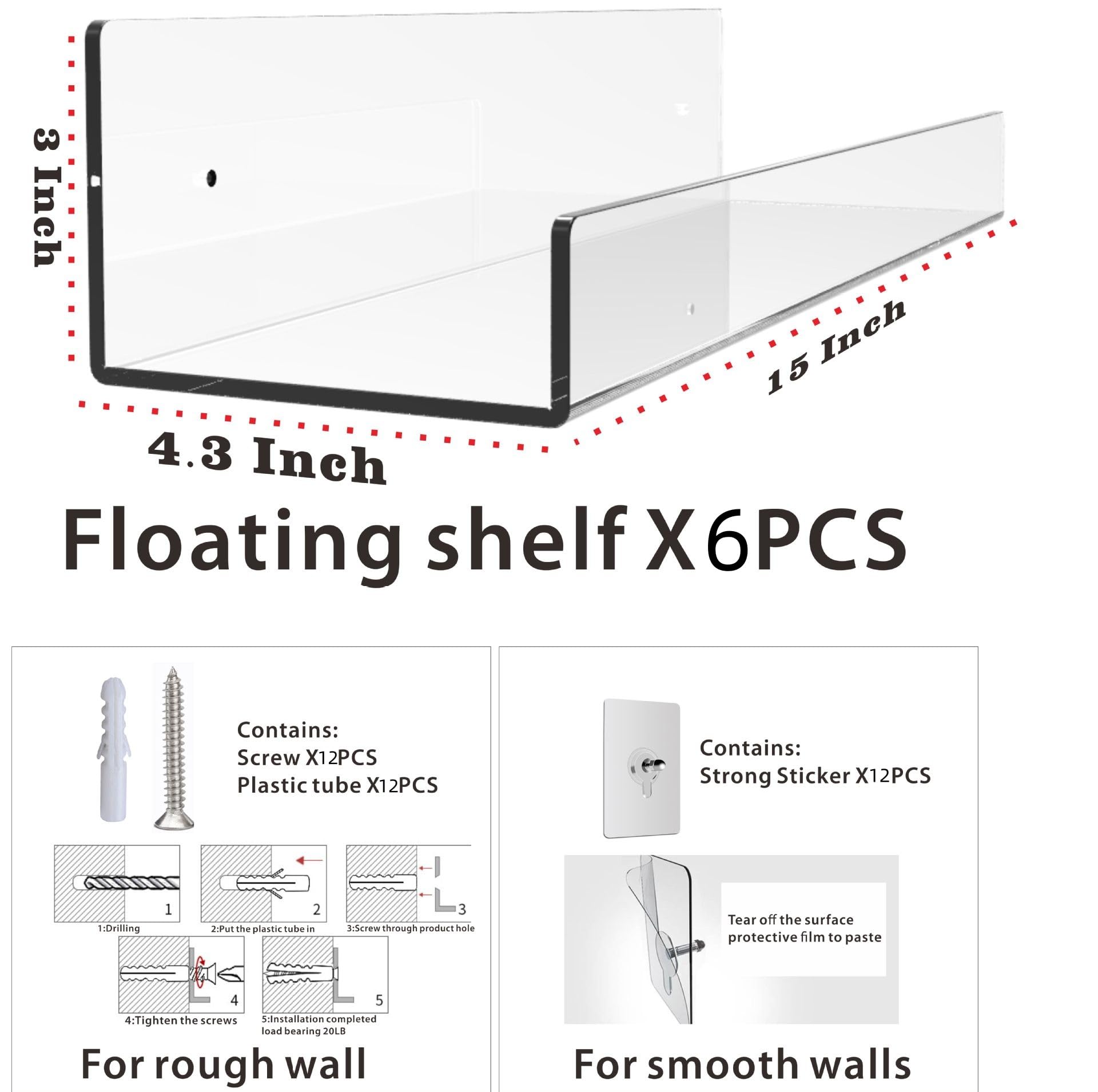 MIZUKUM 15-Inch Premium Clear Acrylic Wall Shelves: Versatile Floating Display Ledge for Books, Decor & Storage - Ideal for Living Room, Bedroom, Kitchen & Bathroom (6)