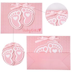 LeZakaa 13" Pink Gift Bags with Tissue Paper, Gift Card, Foot Print and Baby Girl Lettering Design for Baby Shower