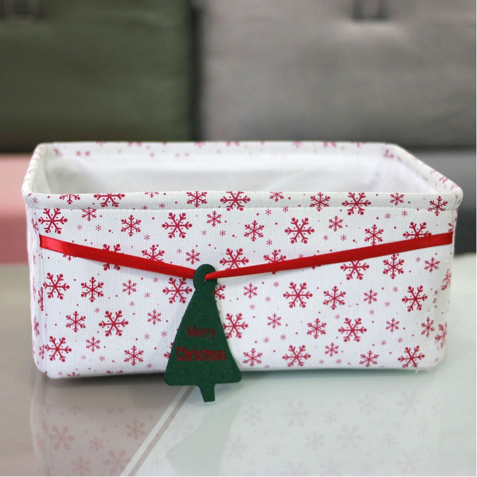 Christmas Basket Box Foldable Christmas Storage Basket Christmas Red Pattern with Snowflakes Flower Fabric Collapsible Storage Bins Organizer Bag