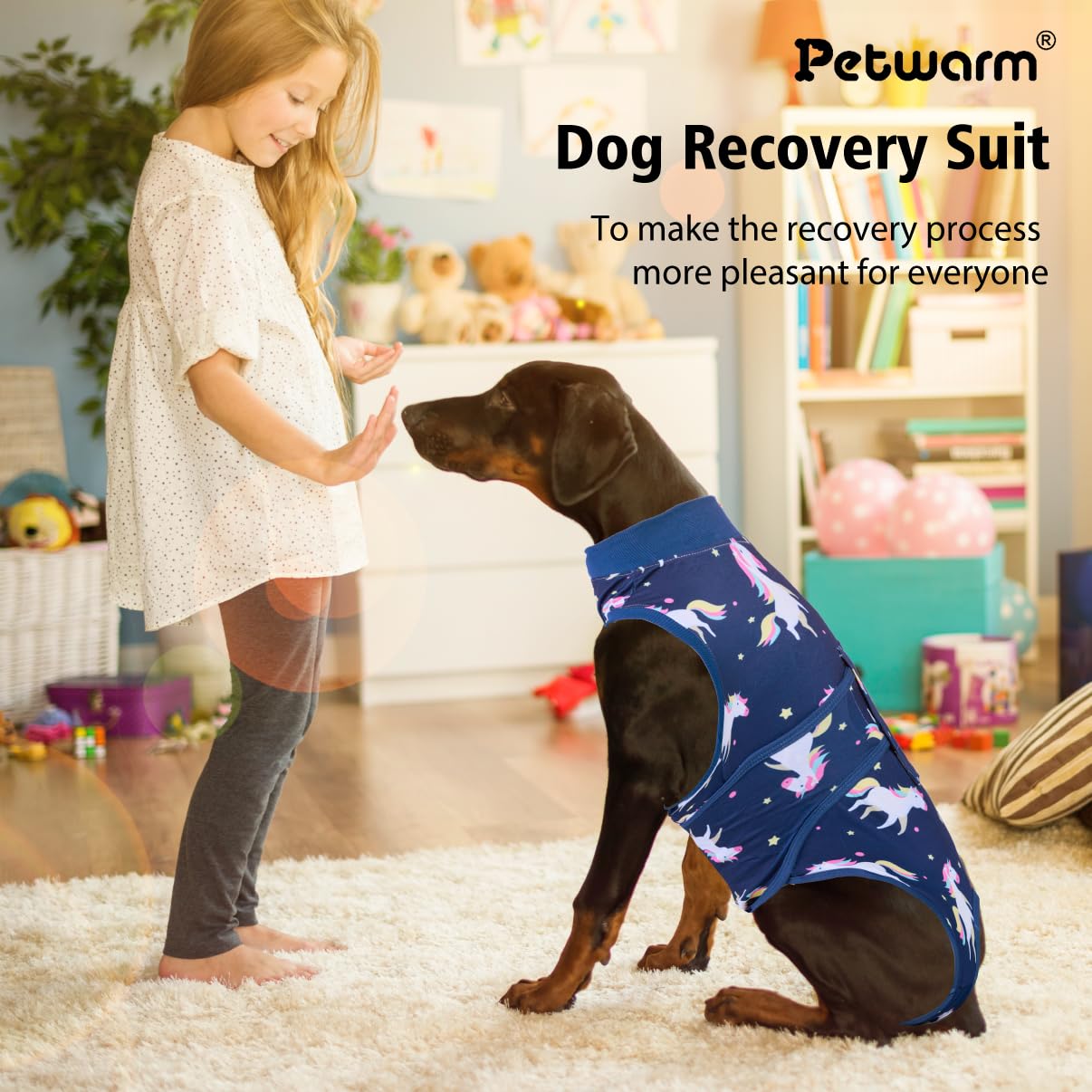 PetWarm Dog Onesie for Spay Neuter,Dog Recovery Suit,Anti-Licking Pet Surgical Recovery Snugly Suit Bodysuit for Abdominal Wounds Skin Disease Female Male Dog Bodysuit,Unicorn Pattern,Blue,XS