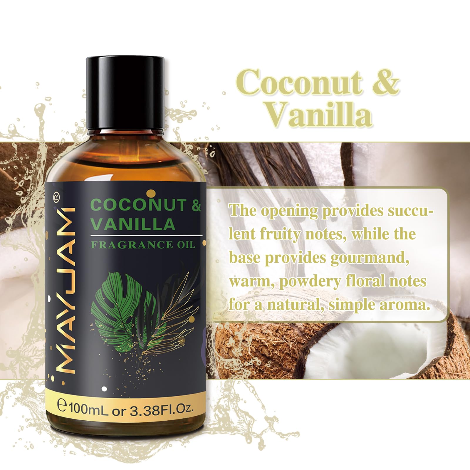 MAYJAM 100ML/3.38FL.OZ Coconut & Vanilla Fragrance Oils with Glass Dropper, Essential Oils for Diffusers for Home, Long Lasting Scented Oils for Diffusers Soap Candle Making