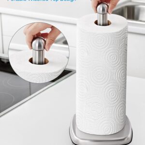 SMARTAKE Paper Towel Holder for Countertop, Standing Kitchen Roll Holder with Suction Cups, Non-Slip Paper Towel Stand, Stainless Steel, Weighted Base, for Kitchen Bathroom, Square Base (Silver)