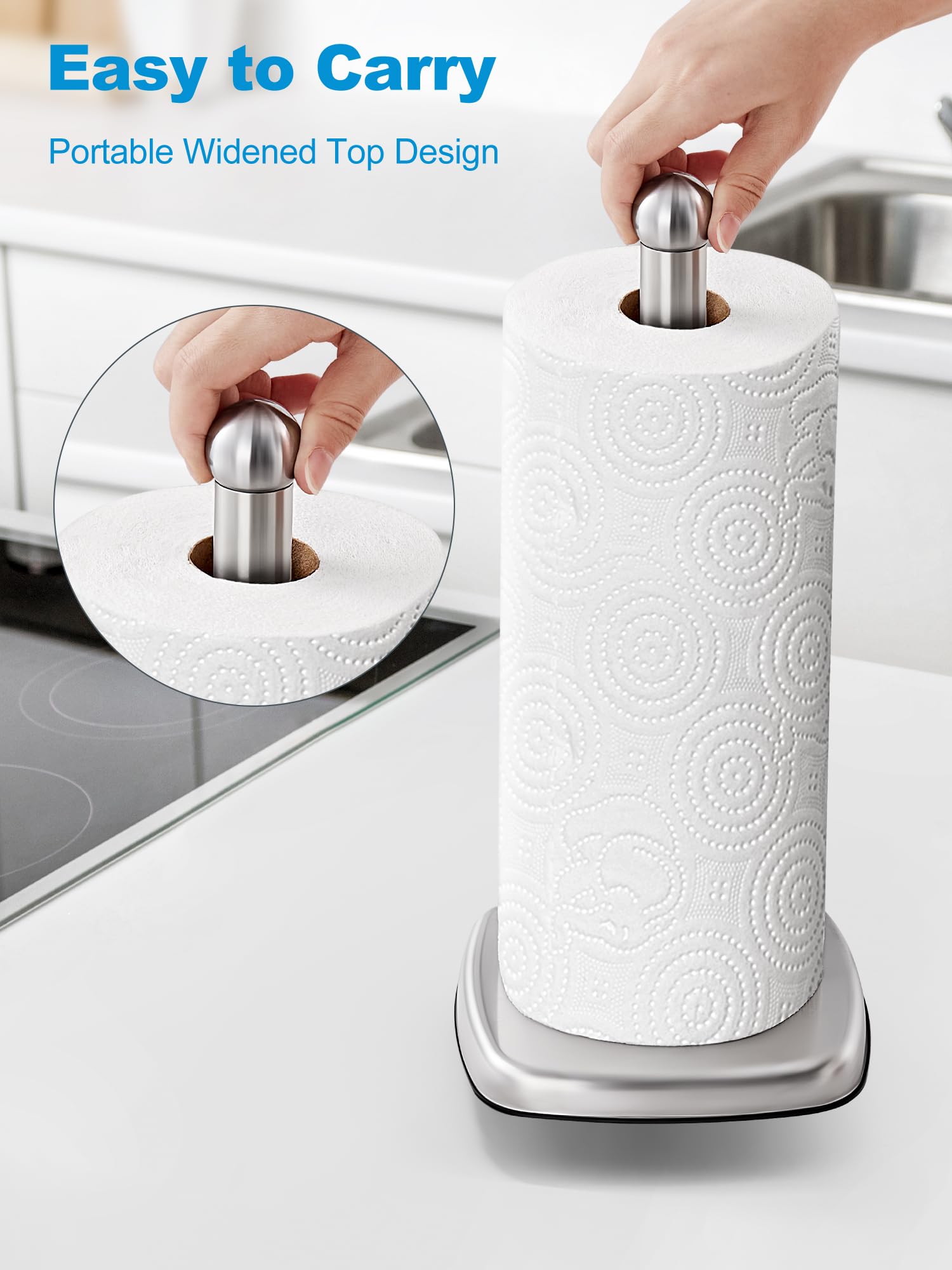 SMARTAKE Paper Towel Holder for Countertop, Standing Kitchen Roll Holder with Suction Cups, Non-Slip Paper Towel Stand, Stainless Steel, Weighted Base, for Kitchen Bathroom, Square Base (Silver)