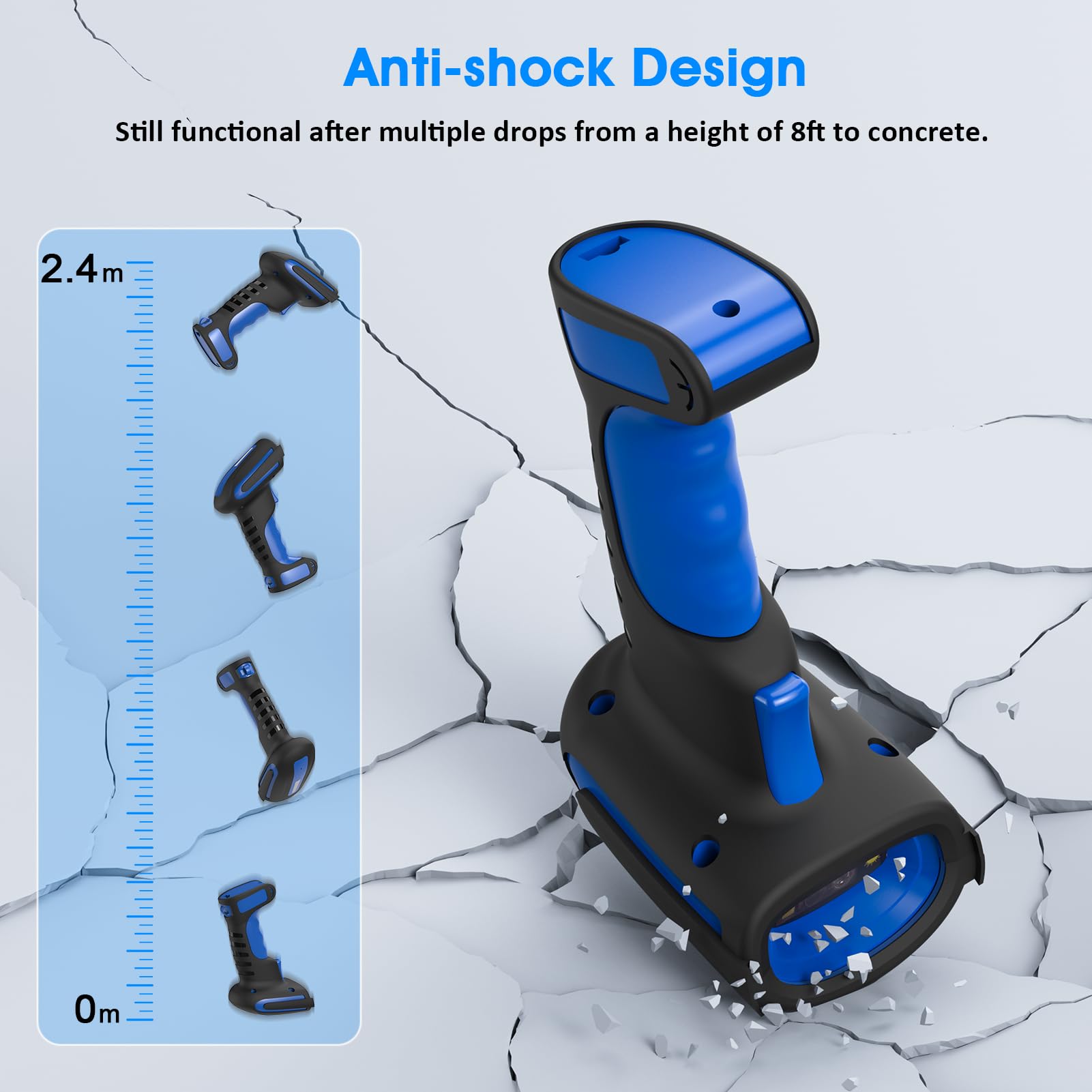 Symcode 2D Bluetooth Barcode Scanner with Wireless Charging Stand, 1968 Feet Transmission Distance 433Mhz Wireless & Bluetooth Barcode Reader, Shock Dust Proof Hands Free Bar Code Scanner Blue