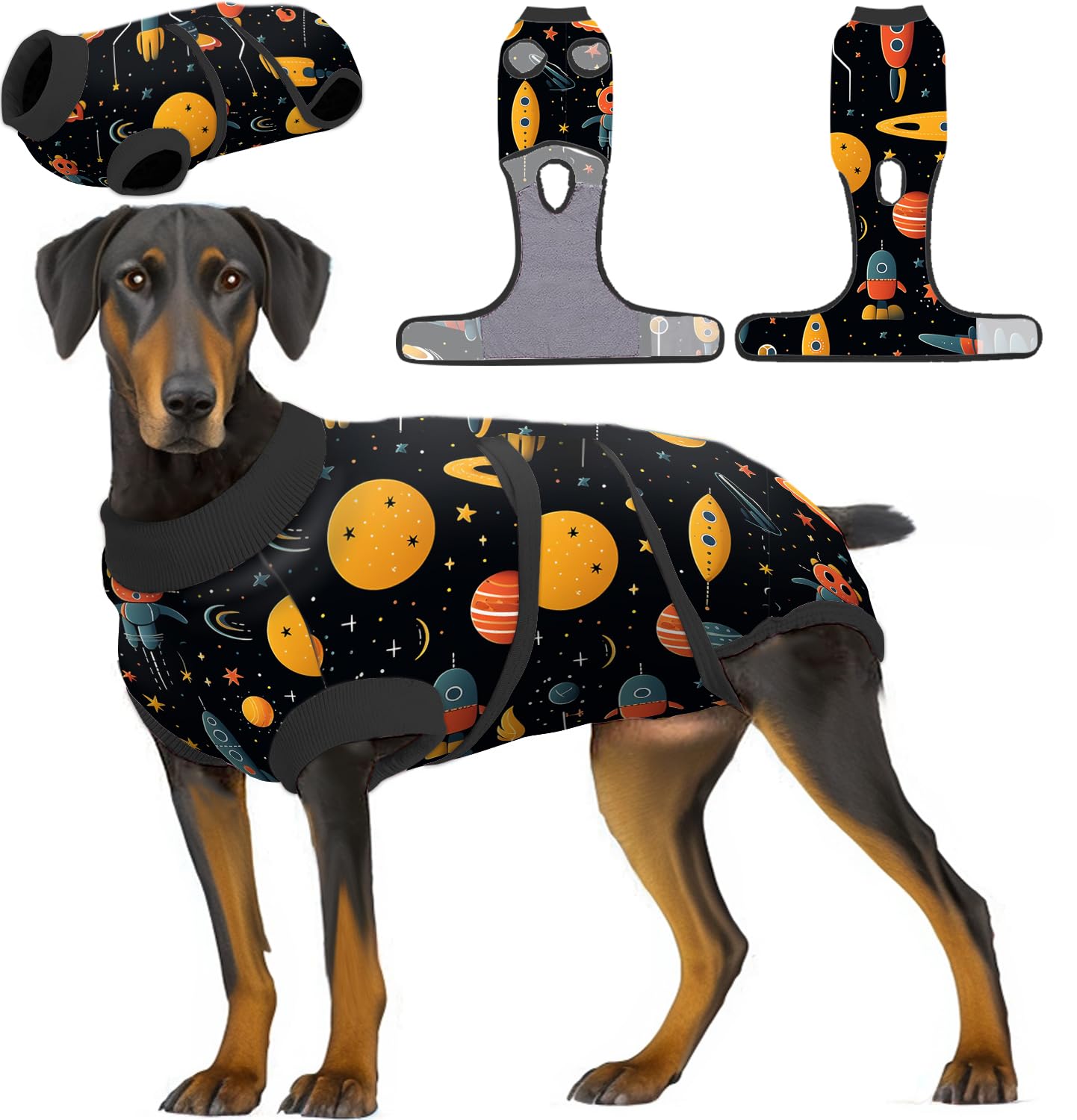 PetWarm Surgery Recovery Suit Male,Hooded Dog Inner Clothes,Substitute E-Collar & Cone Anti-Licking Dog Surgery Recovery Suit Soft Dog Bodysuit for Small Medium Large Dogs,Cosmic Pattern,Black Gold,S