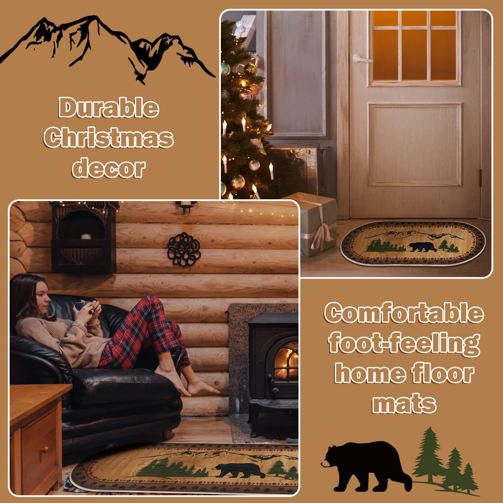 2 Pcs Bear Non Skid Rug Rustic Lodge Theme Area Rug with Bear and Cub Scene Cabin Rug Bear Farmhouse Rug Winter Kitchen Cabin Rug Christmas Bear Decor for Home Bathroom Bedroom Living Room