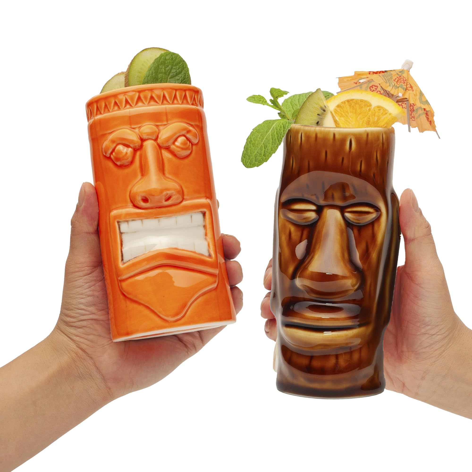 LEMONSODA Hard-Carved and Hand-Painted Tiki Mugs Assorted Cocktail Set of 8 - Ceramic Hawaiian Luau Party Mugs Drinkware, Cute Exotic Cocktail Glasses, Tiki Bar Hawaiian Party Barware - 18-23.5oz