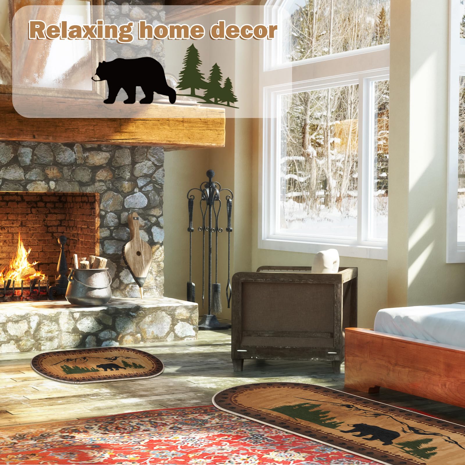 2 Pcs Bear Non Skid Rug Rustic Lodge Theme Area Rug with Bear and Cub Scene Cabin Rug Bear Farmhouse Rug Winter Kitchen Cabin Rug Christmas Bear Decor for Home Bathroom Bedroom Living Room