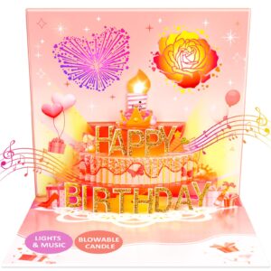 fitmite birthday cards, musical pop up happy birthday card with light and blowable candle birthday gifts for women wife sister friends kids, birthday greeting cards with envelopes-rose gold