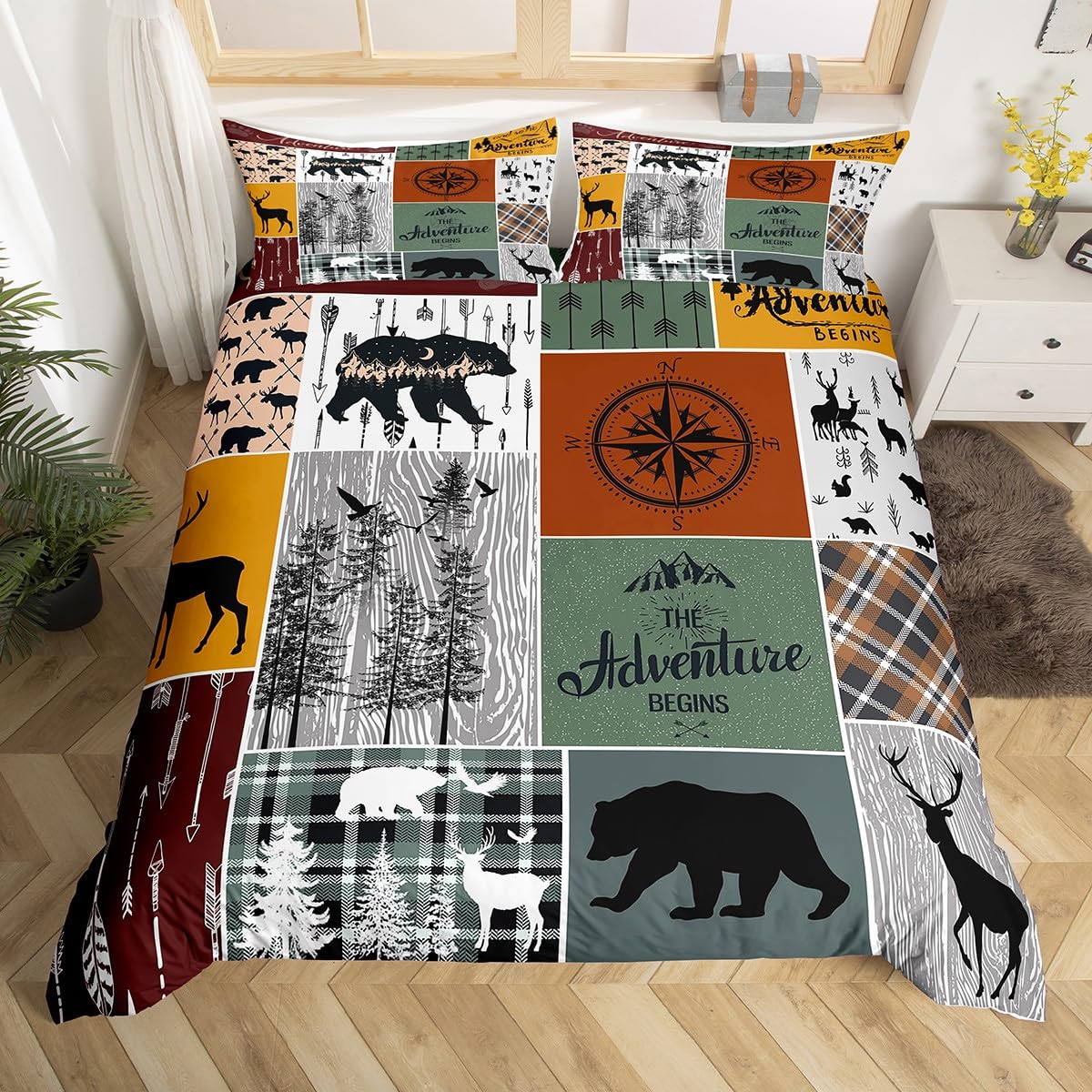 Cabin Retro Rustic Lodge Duvet Cover, Bear Deer Country Bedding Set Twin, Hunting Wild Animal Comforter Cover Plaid Check Adventure Themed Quilt Cover For Kids Boys Teens Adult Men Bedroom Decor