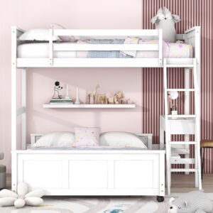 SOFTSEA L-Shaped Loft Bunk Bed with Small Desk 2 Beds in One Solid Wood Bunk Beds with 4 Wheels