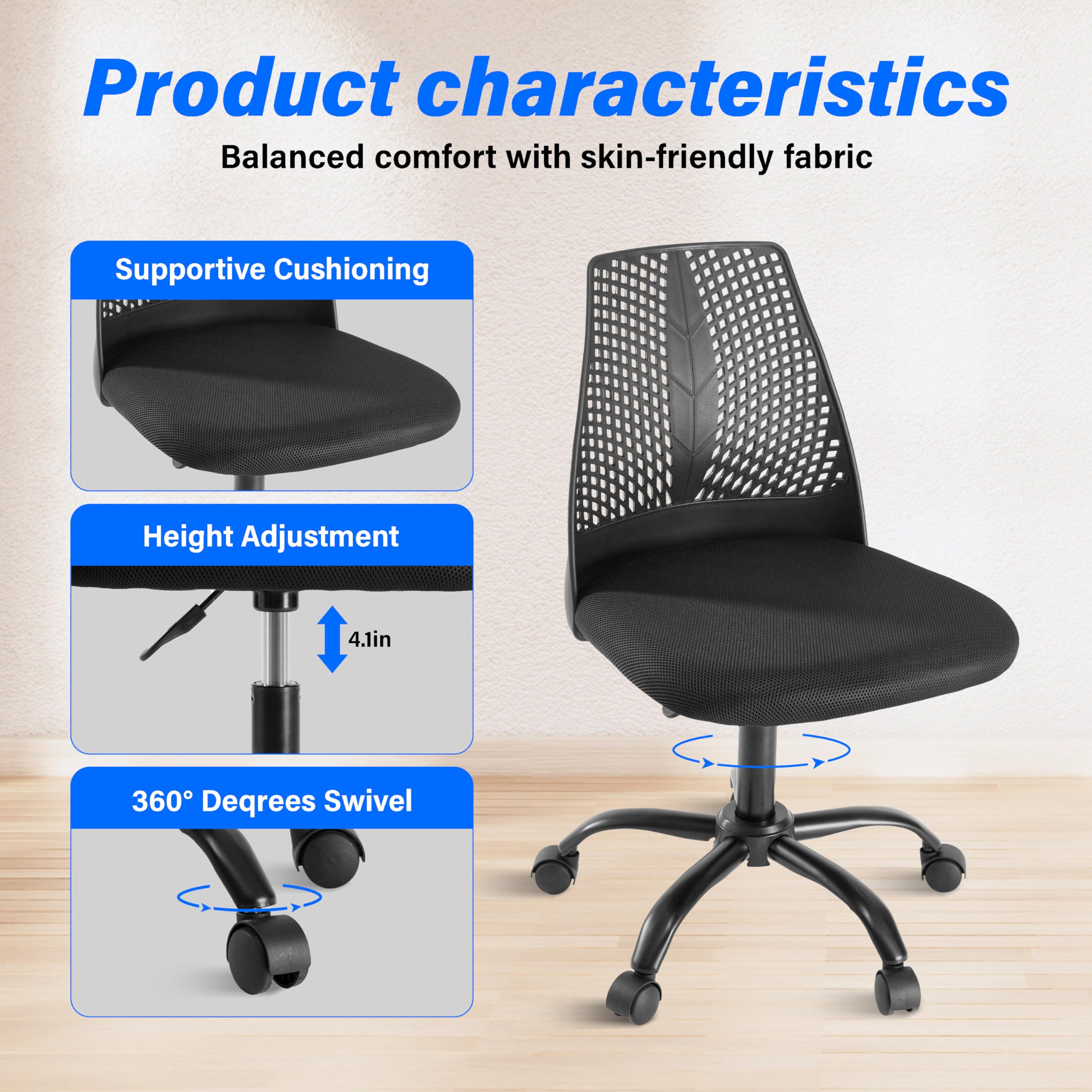 Simple Deluxe Office, Ergonomic Mesh Computer Wheels and Arms and Lumbar Support Adjustable Height Study Chair, Black