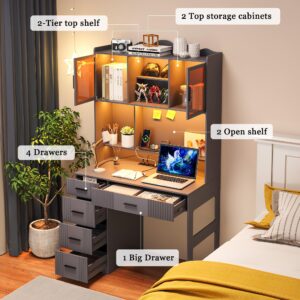 WOOVIVS LED Study Desk with Hutch and Drawer, Home Office Desk with Outlet, Computer Desk with USB Charging Station, Writing Desk for Bedroom, Workstation for Small Space (Grey)