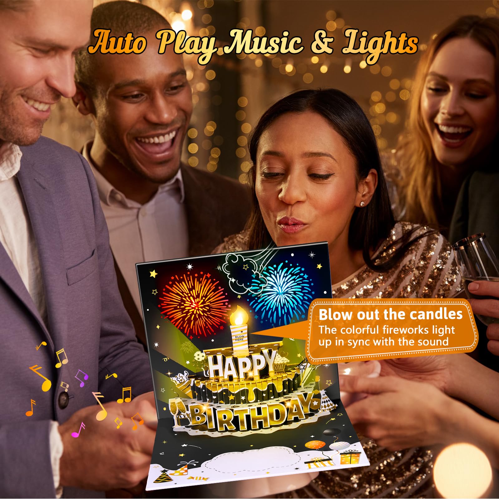 INPHER DIY Age Birthday Cards Fireworks Pop Up Cake Light and Music Black and Gold Happy Birthday Card Gift for Husband, Men, Women, Mom, Grandma