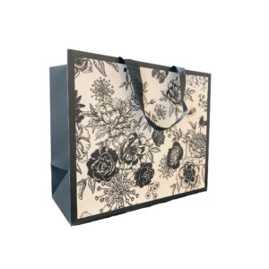 13" black and white vintage floral gift bag, medium large