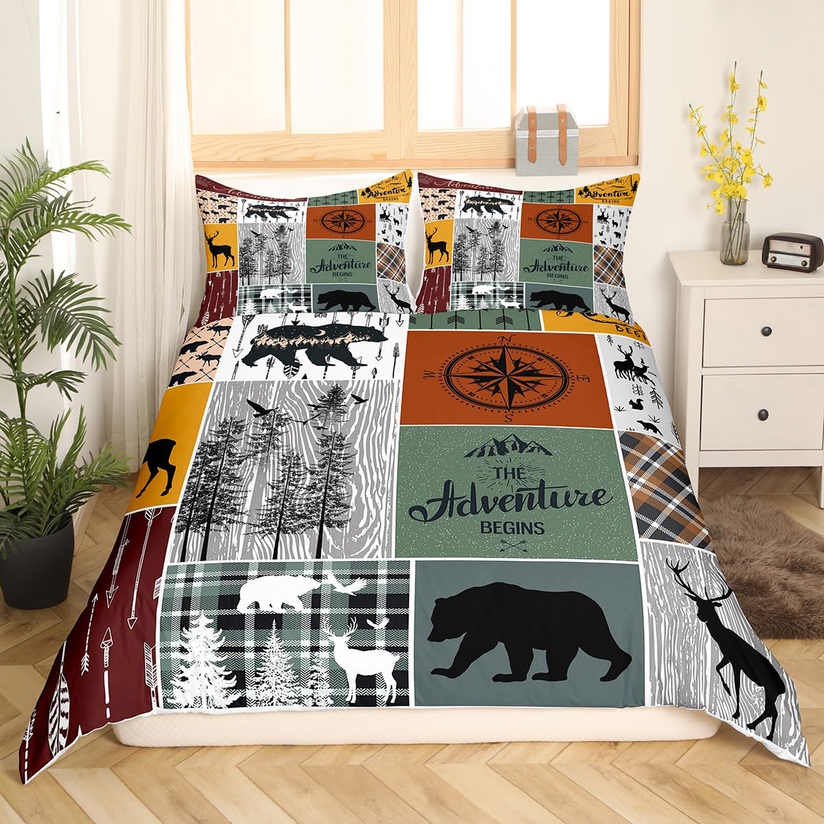 Cabin Retro Rustic Lodge Duvet Cover, Bear Deer Country Bedding Set Twin, Hunting Wild Animal Comforter Cover Plaid Check Adventure Themed Quilt Cover For Kids Boys Teens Adult Men Bedroom Decor