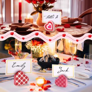 Qunclay 18 Pcs Valentine's Day Wooden Heart Place Card Holder Mini Heart Decor with 30 Pcs Gold Foil White Place Card Table Photo Number Sign Stand Holder for Place Setting Decoration(Bright Style)