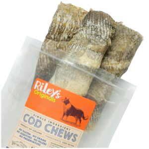 riley's cod skins for dogs - air dried single ingredient dog treats - short, hand wrapped cod skin dog treats - sustainably caught in iceland - 3 pack 5 inch chew sticks