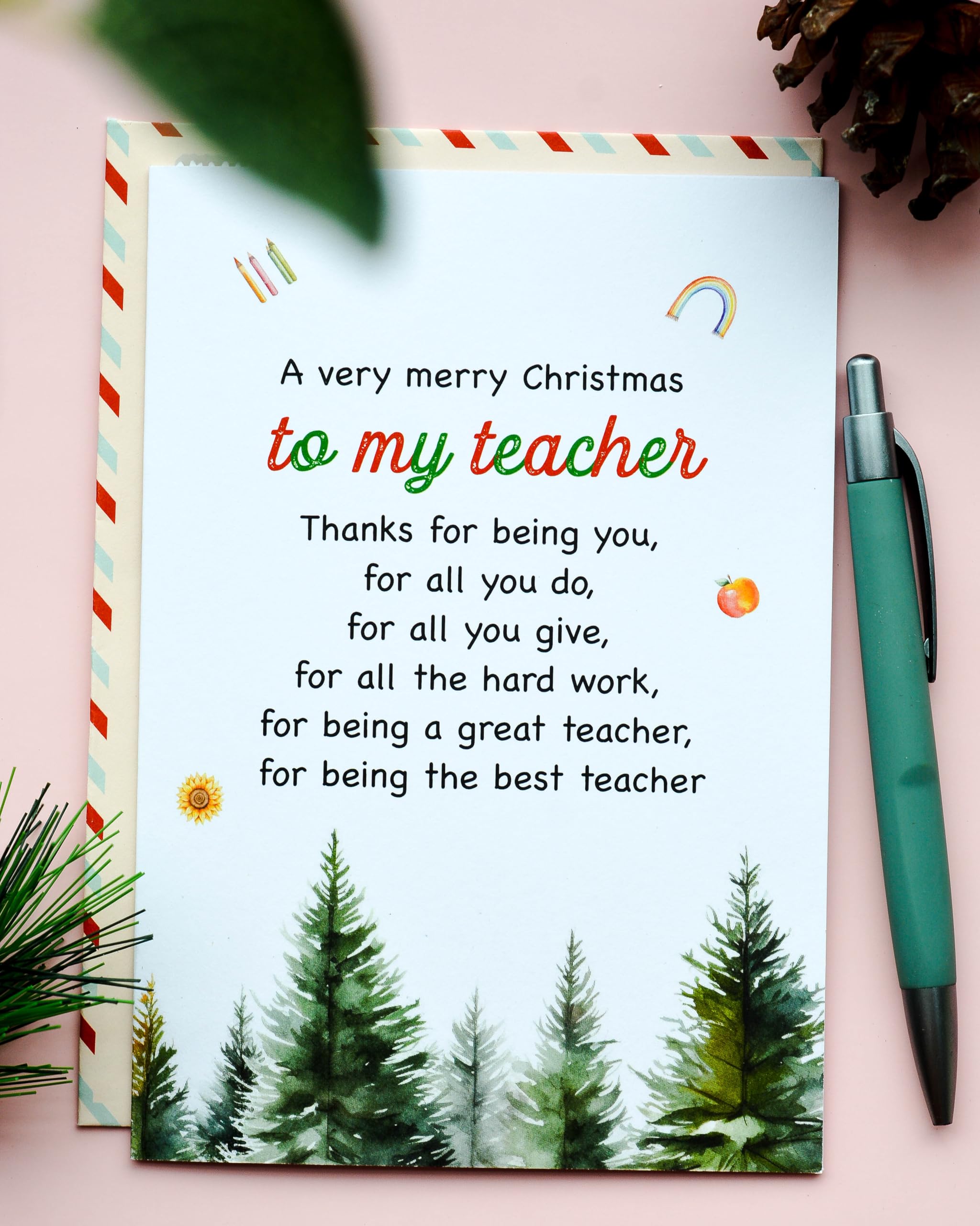 BlinkBlink Christmas Card for Teacher, Christmas Greeting Card with Envelope and Seal, Express Your Love and Warm Christmas Wishes for Your Teacher, Thoughtful Card for Him or Her, Thank You Teacher