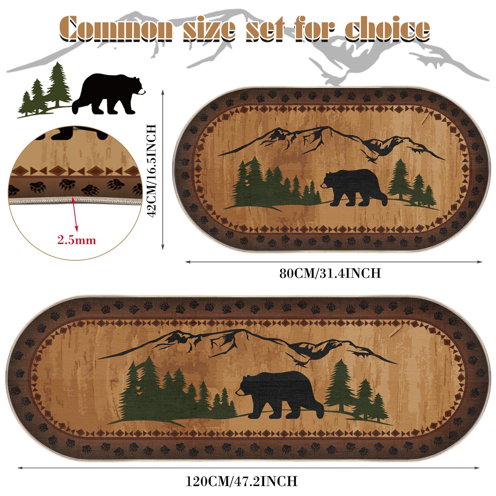 2 Pcs Bear Non Skid Rug Rustic Lodge Theme Area Rug with Bear and Cub Scene Cabin Rug Bear Farmhouse Rug Winter Kitchen Cabin Rug Christmas Bear Decor for Home Bathroom Bedroom Living Room