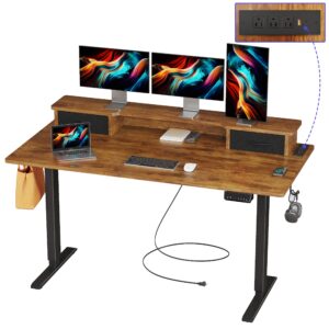 joiscope 55 inch electric standing adjustable height desk with usb & type-c outlet, home office computer gaming desk with display riser and double drawer, sit stand desk, vintage oak