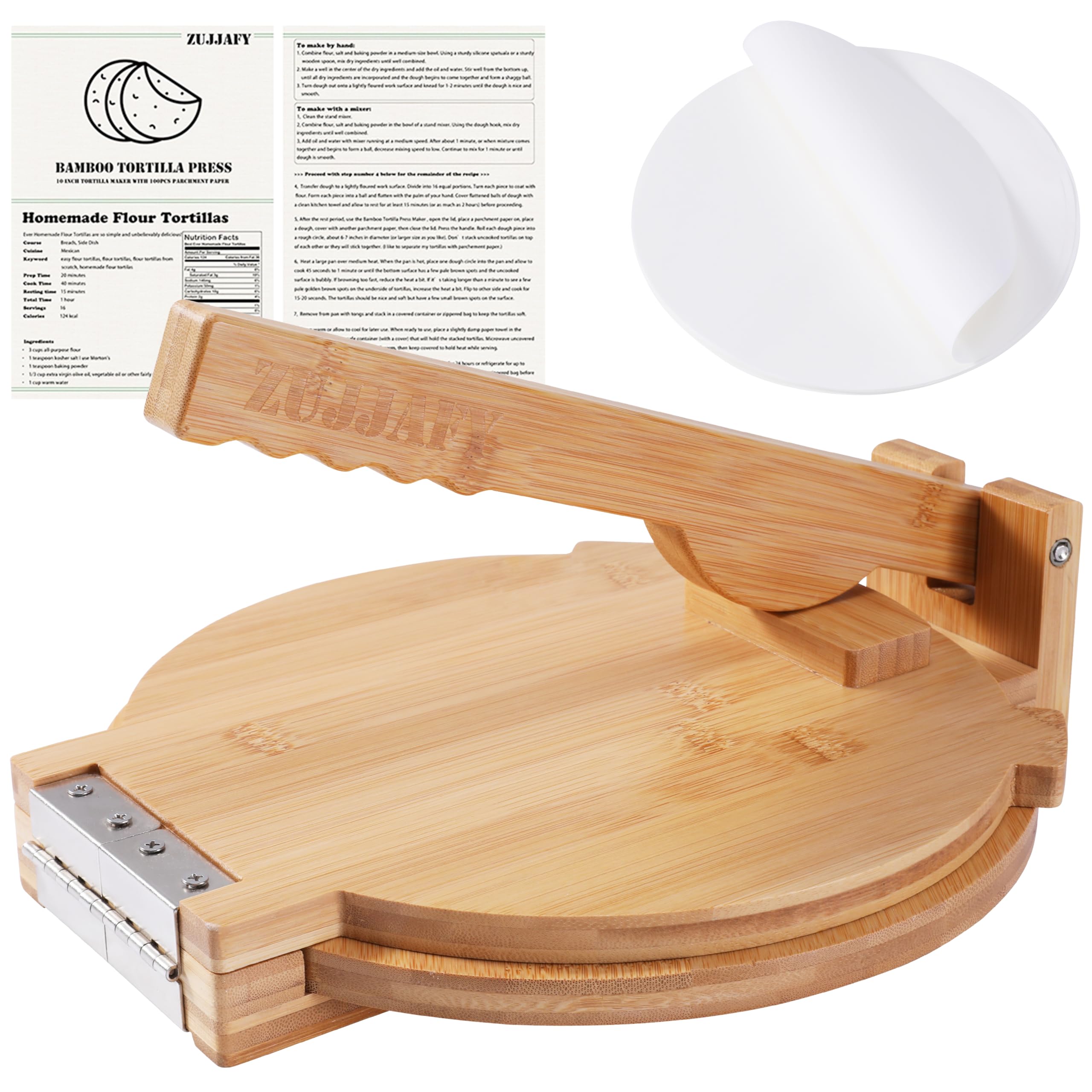 ZUJJAFY Tortilla Press 10 Inch Bamboo Tortilla Maker with 100 Parchment Paper, Mexican Tortillera Presser Homemade Tortillas Pataconera Dough Press