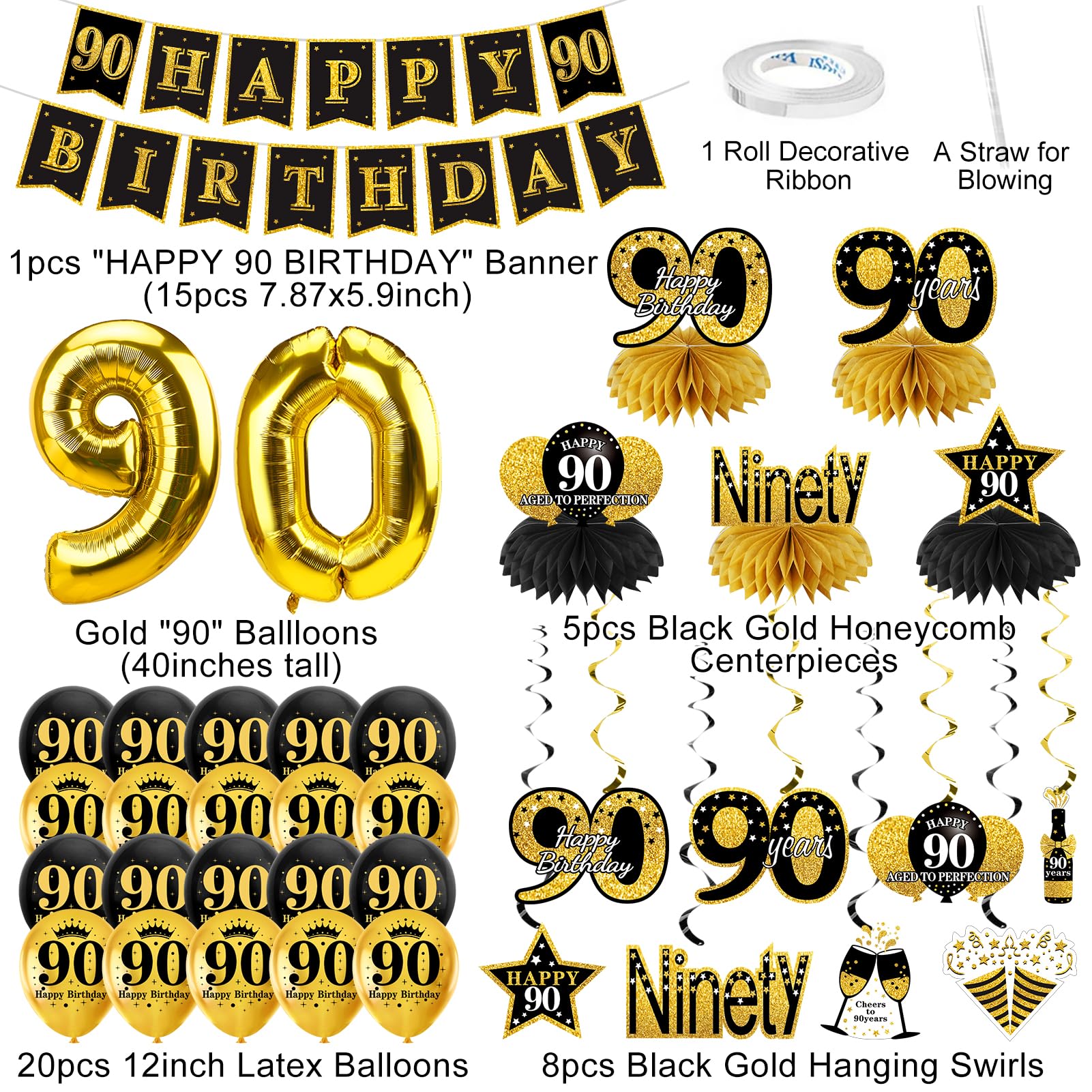 Turypaty 36Pcs 90th Birthday Decorations Kit for Men Women, Black Gold Happy 90 Birthday Banner Balloons Honeycomb Centerpiece Hanging Swirl Party Supplies, Ninety Year Old Bday Table Topper Decor