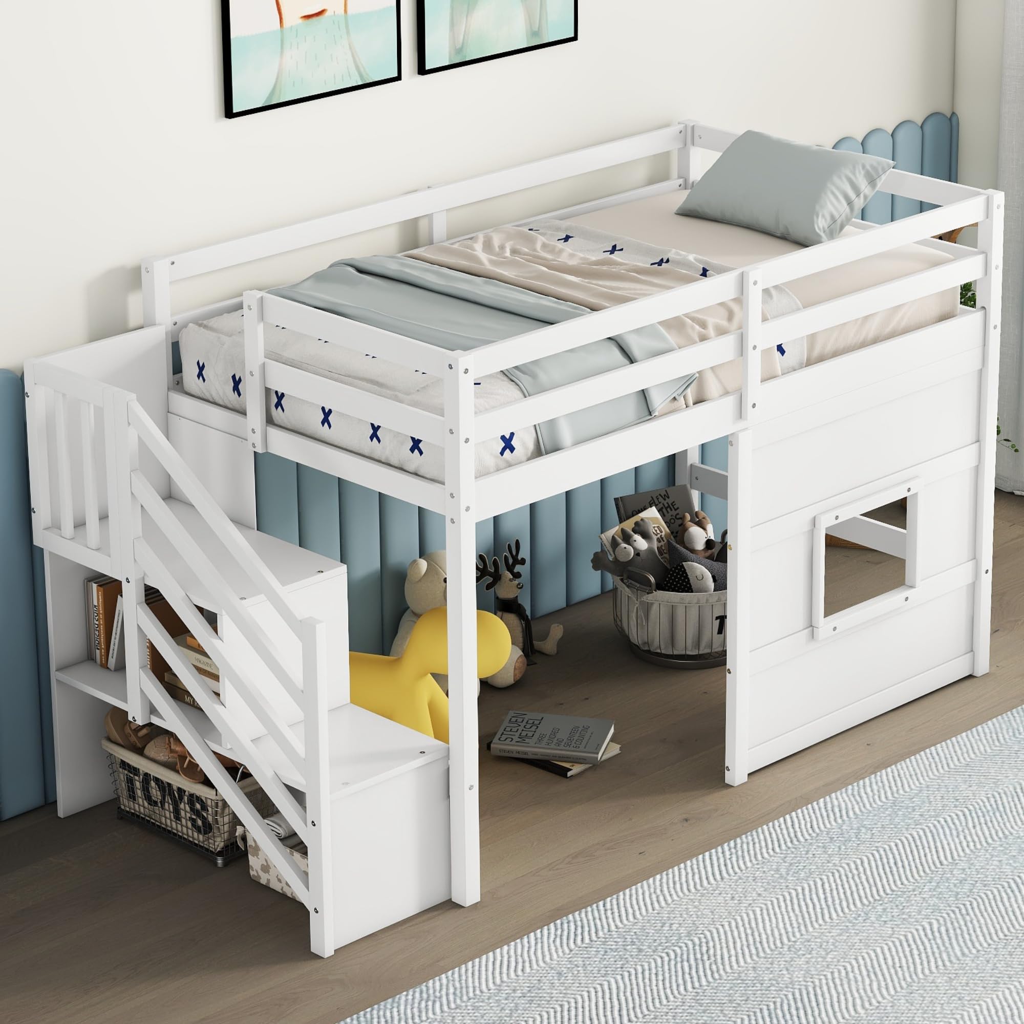 Harper & Bright Designs Twin Size Low Loft Bed with Stairs,Wood Loft Bed for Kids,Loft Bed Twin with Window Design, Space-Saving Twin Bed for Girls Boys,White