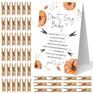 don't say baby clothespin game, 1 sign and 50 mini clothespins, fall minimalist pumpkin baby shower decorations, baby shower games, gender reveal games, gender neutral baby shower supplies-a21