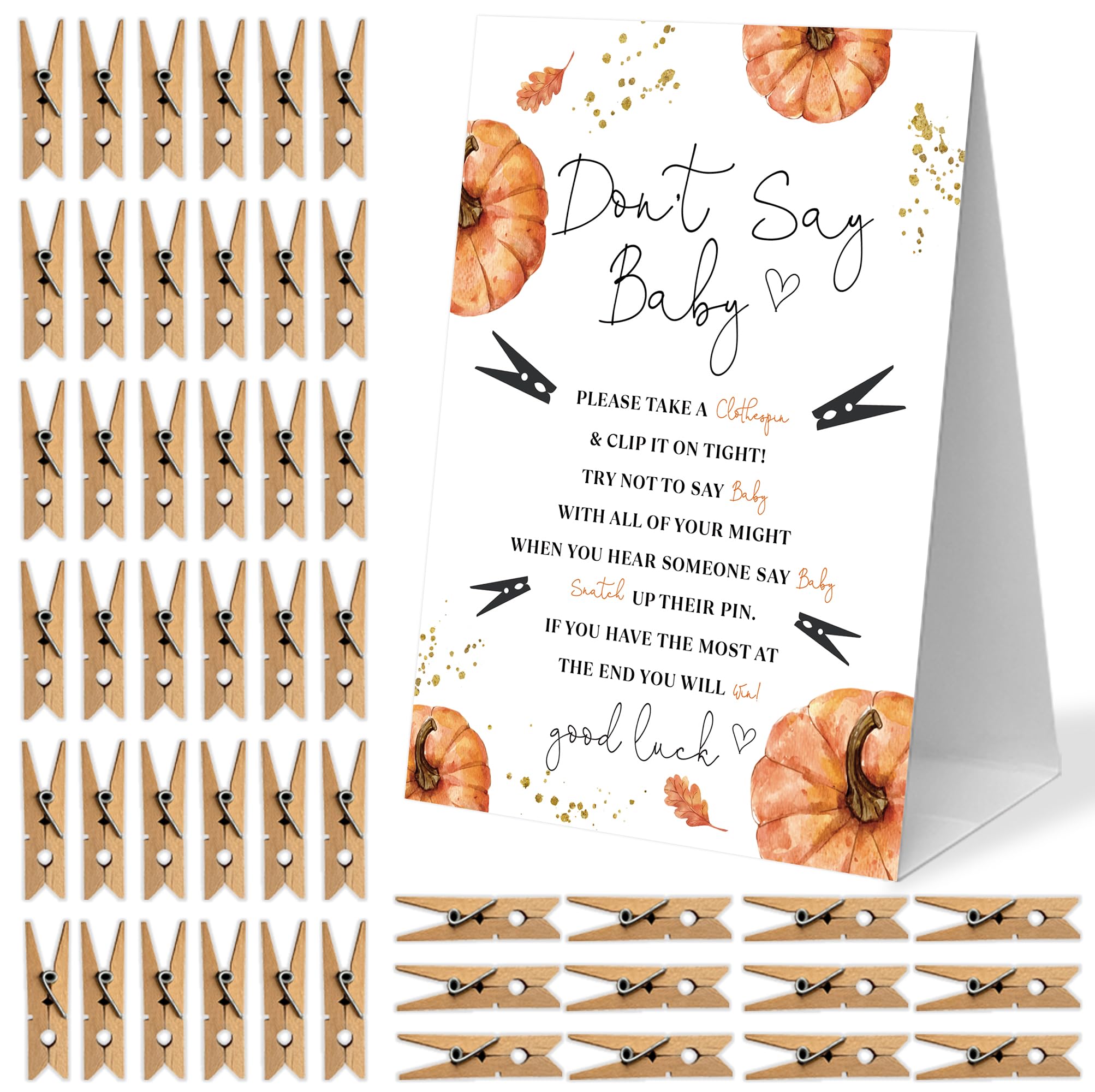 Don't Say Baby Clothespin Game, 1 Sign and 50 Mini Clothespins, Fall Minimalist Pumpkin Baby Shower Decorations, Baby Shower Games, Gender Reveal Games, Gender Neutral Baby Shower Supplies-A21