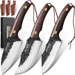 topfeel 3pcs viking knife set with sheath hand forged boning knife butcher meat cleaver knife japan kitchen knife for home, outdoor, bbq, camping father day