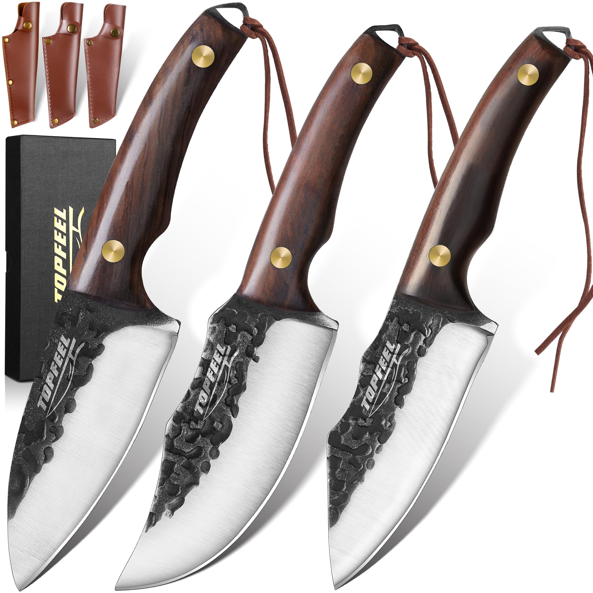 Topfeel 3PCS Viking Knife Set with Sheath Hand Forged Boning Knife Butcher Meat Cleaver Knife Japan Kitchen Knife for Home, Outdoor, BBQ, Camping Father Day