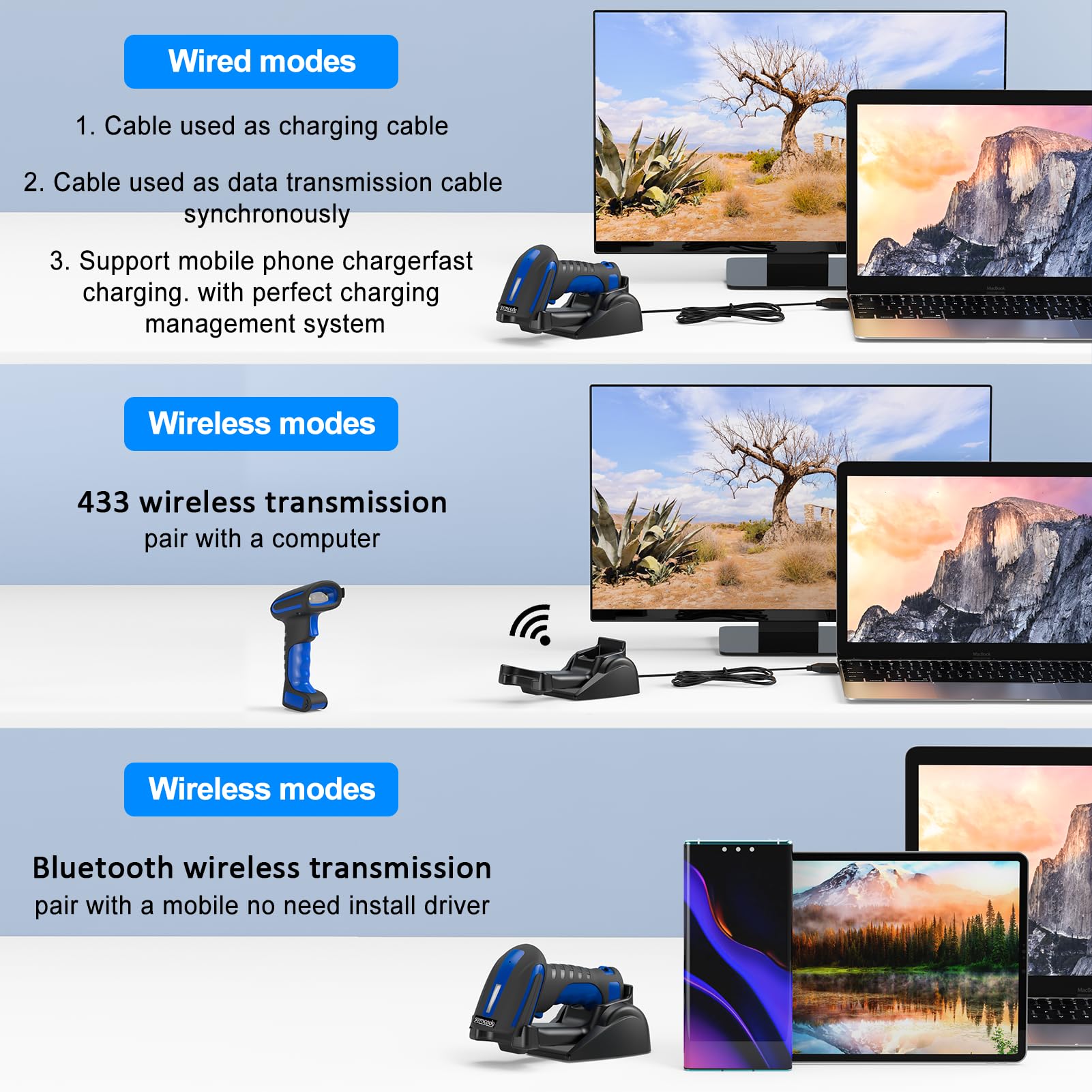 Symcode 2D Bluetooth Barcode Scanner with Wireless Charging Stand, 1968 Feet Transmission Distance 433Mhz Wireless & Bluetooth Barcode Reader, Shock Dust Proof Hands Free Bar Code Scanner Blue