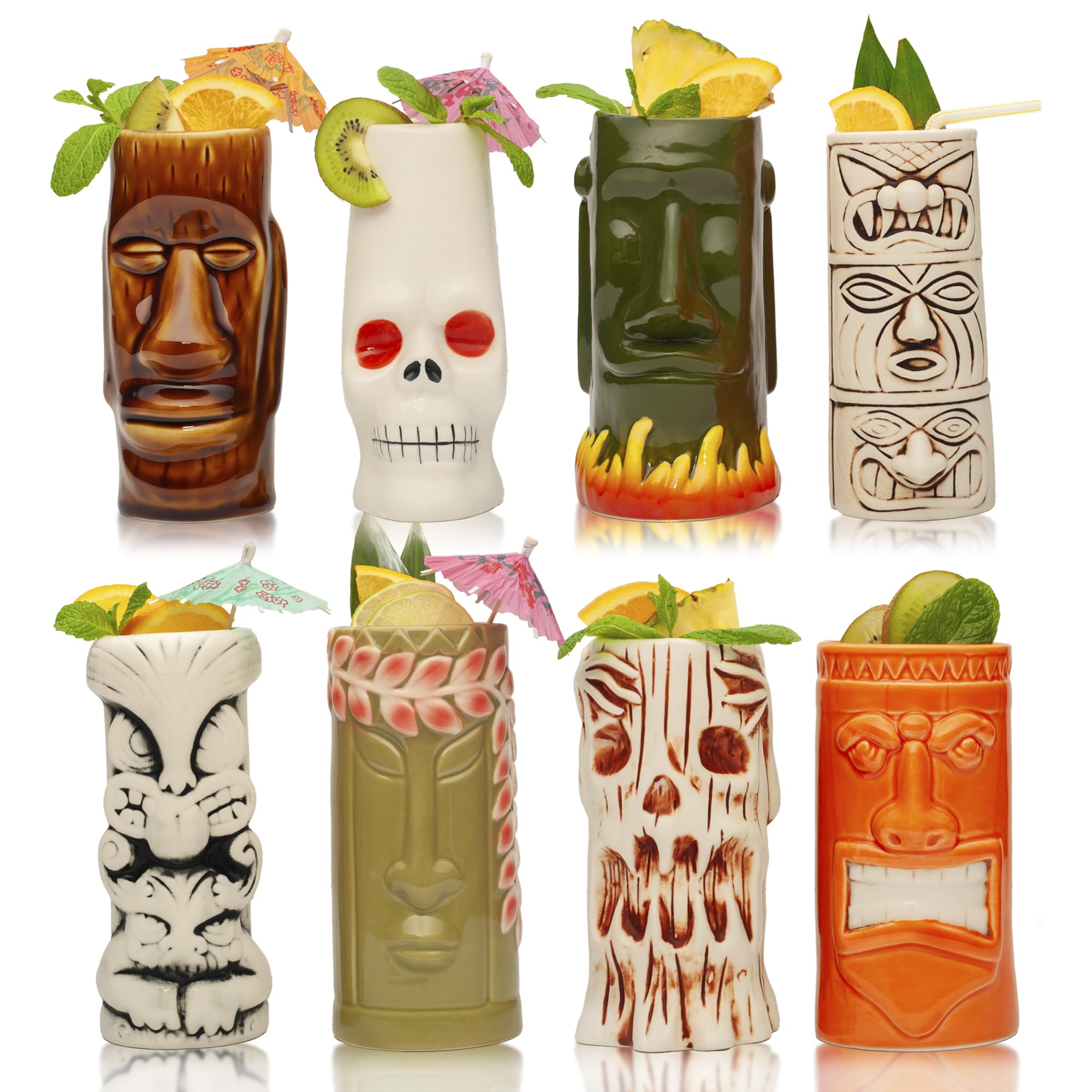 LEMONSODA Hard-Carved and Hand-Painted Tiki Mugs Assorted Cocktail Set of 8 - Ceramic Hawaiian Luau Party Mugs Drinkware, Cute Exotic Cocktail Glasses, Tiki Bar Hawaiian Party Barware - 18-23.5oz