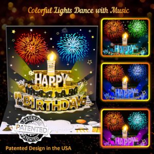 INPHER DIY Age Birthday Cards Fireworks Pop Up Cake Light and Music Black and Gold Happy Birthday Card Gift for Husband, Men, Women, Mom, Grandma