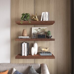 Kultilanda Floating Shelves 24 Inch Wall Shelf Solid Wood Mounted Storage for Bedroom Living Room Set of 3, Rustic Brown Wall Shelves