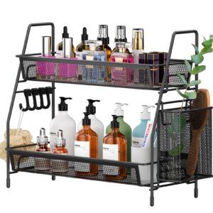 vitviti 2-tier bathroom organizer countertop, metal wire mesh bathroom counter organizer storage with basket hooks, vanity tray shelf, kitchen spice rack, black