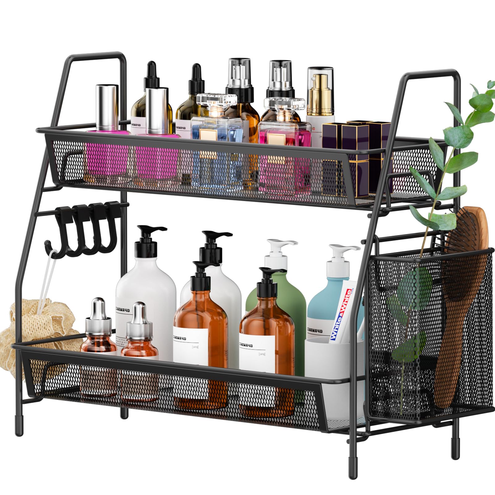 VITVITI 2-Tier Bathroom Organizer Countertop, Metal Wire Mesh Bathroom Counter Organizer Storage with Basket Hooks, Vanity Tray Shelf, Kitchen Spice Rack, Black