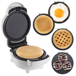 MasterChef 3-in-1 Mini Breakfast Maker- Make Eggs, Pancakes, Donuts, & Waffles and More in One Appliance! 3 Removable Non-Stick Cooking Plates for Easy Cleaning & Storing- Great Birthday, Holiday Gift