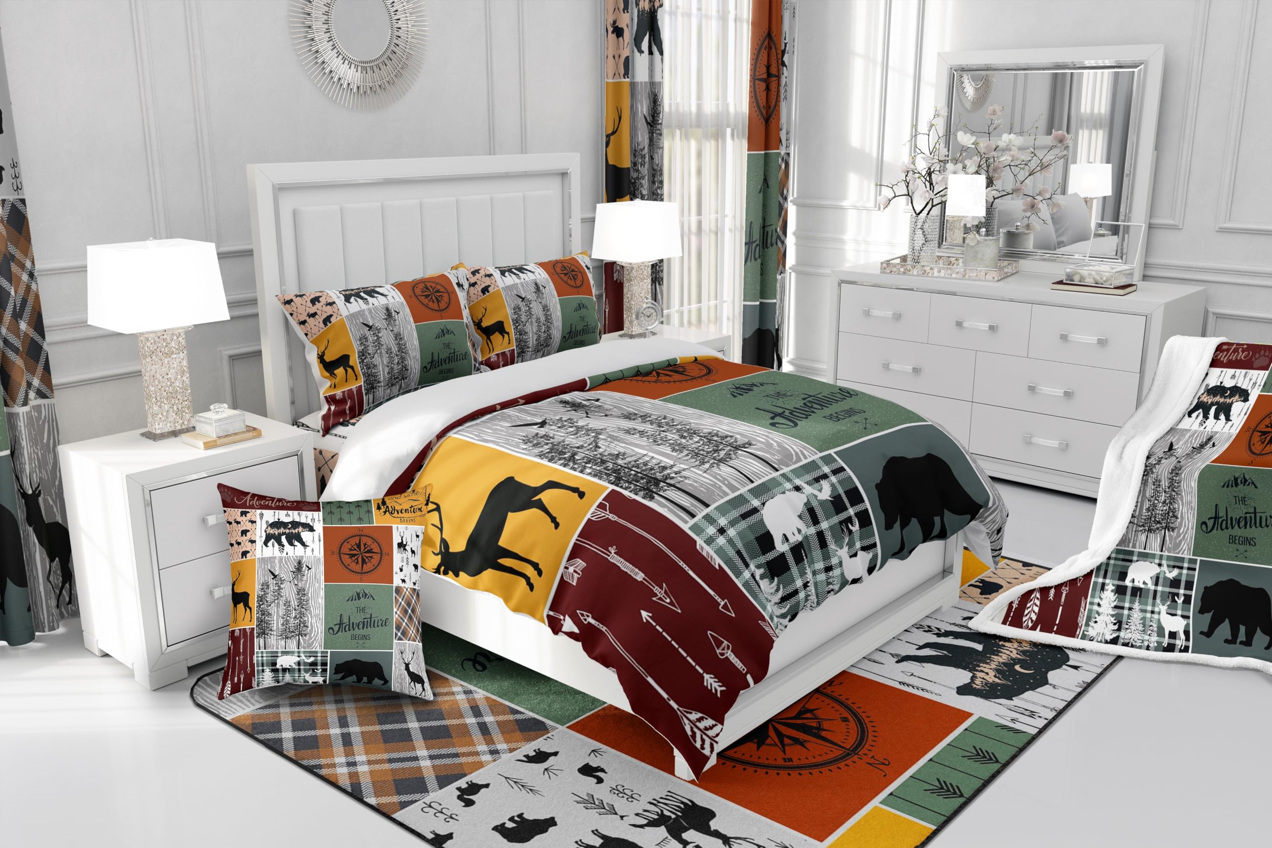 Cabin Retro Rustic Lodge Duvet Cover, Bear Deer Country Bedding Set Twin, Hunting Wild Animal Comforter Cover Plaid Check Adventure Themed Quilt Cover For Kids Boys Teens Adult Men Bedroom Decor